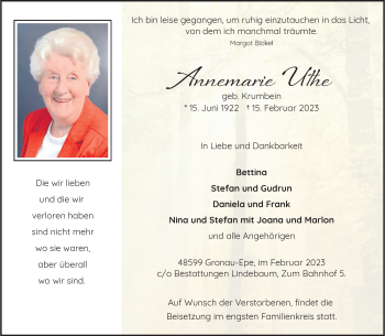Anzeige von Annemarie Uthe 