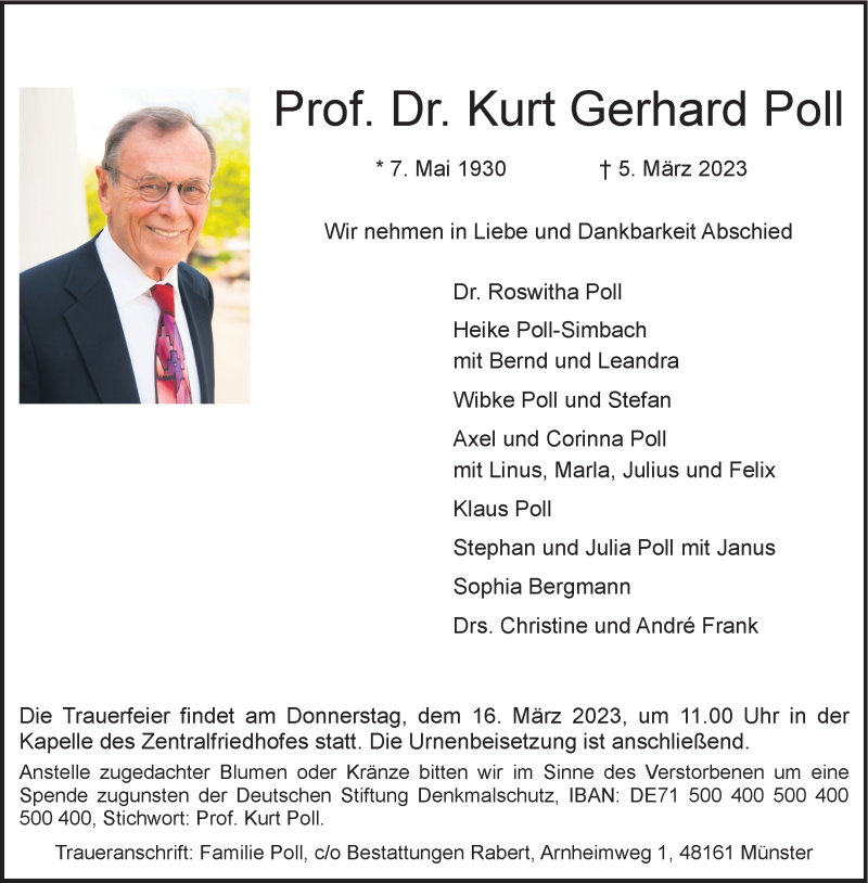  Traueranzeige für Prof. Dr. Kurt Gerhard Poll vom 11.03.2023 aus 