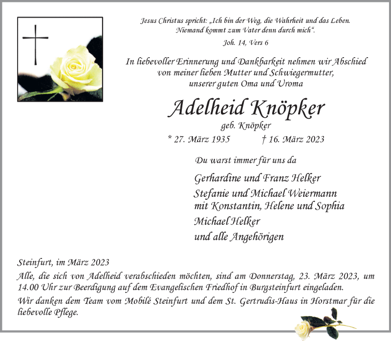  Traueranzeige für Adelheid Knöpker vom 21.03.2023 aus 