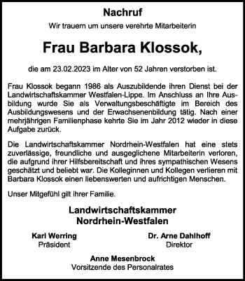 Anzeige von Barbara Klossok 
