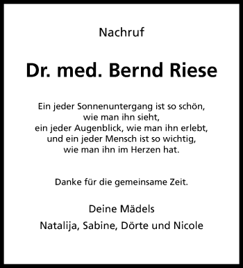 Anzeige von Dr. med. Bernd Riese 