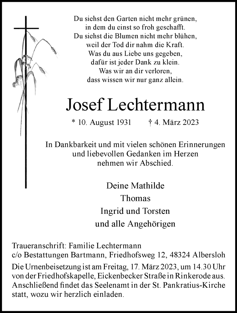  Traueranzeige für Josef Lechtermann vom 11.03.2023 aus 