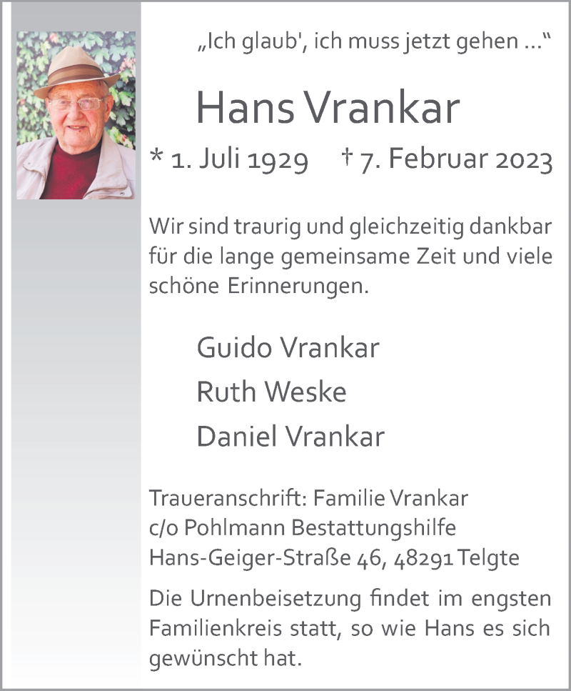  Traueranzeige für Hans Vrankar vom 11.02.2023 aus 