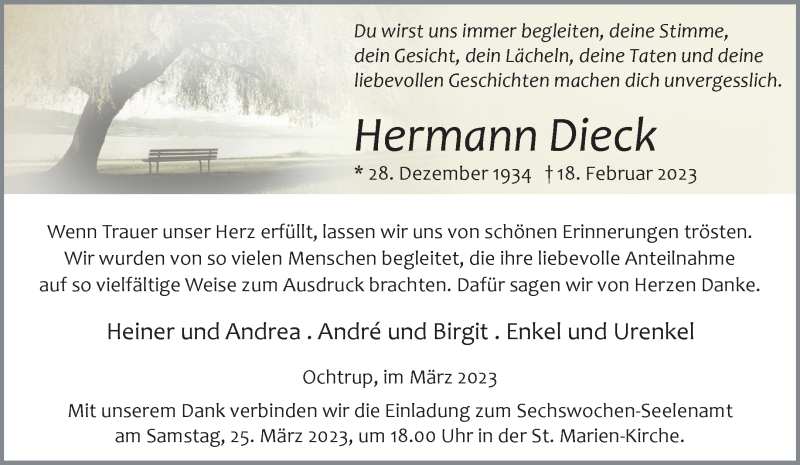  Traueranzeige für Hermann Dieck vom 22.03.2023 aus 