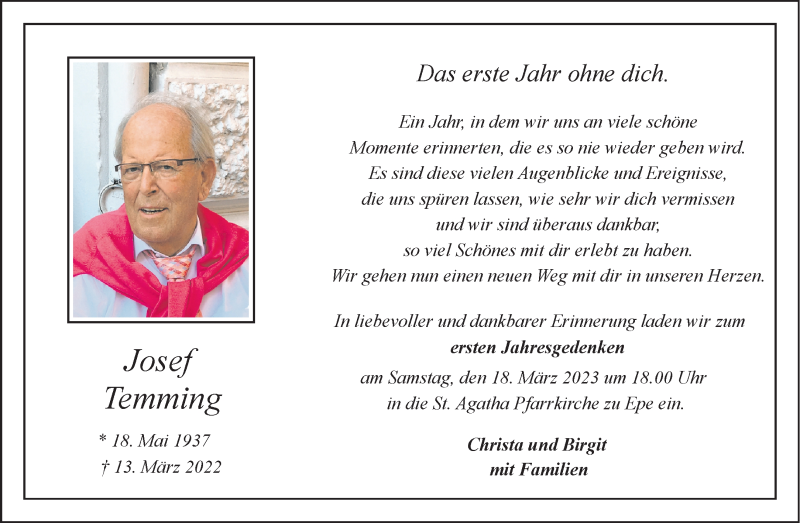  Traueranzeige für Josef Temming vom 11.03.2023 aus 