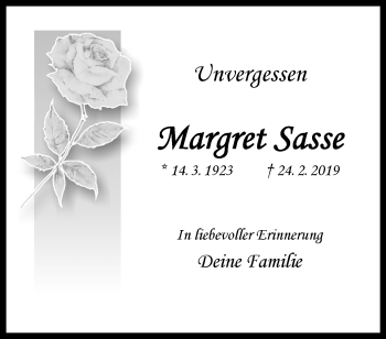 Anzeige von Margret Sasse 