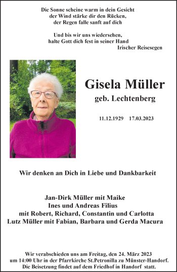 Anzeige von Gisela Müller 