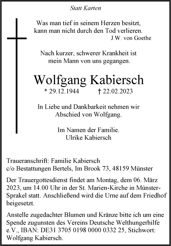  Traueranzeige für Wolfgang Kabiersch vom 01.03.2023 aus 