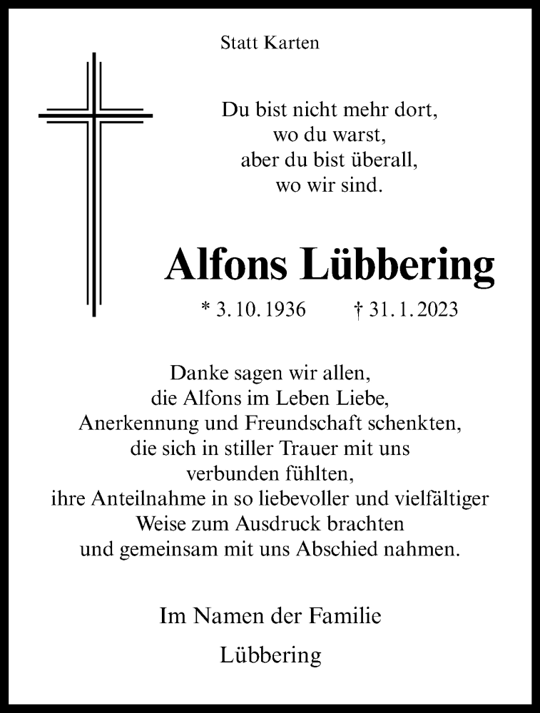  Traueranzeige für Alfons Lübbering vom 18.03.2023 aus 