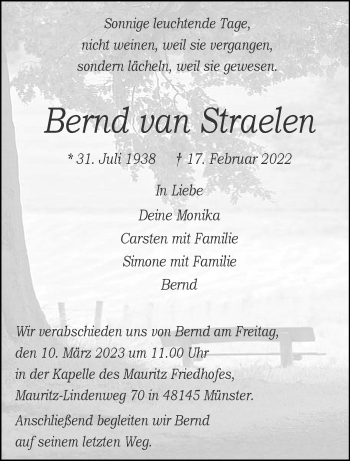 Anzeige von Bernd van Straelen 
