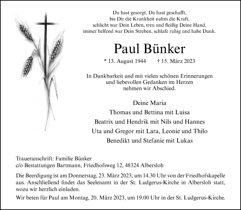  Traueranzeige für Paul Bünker vom 18.03.2023 aus 