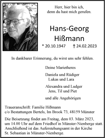 Anzeige von Hans-Georg Hißmann 