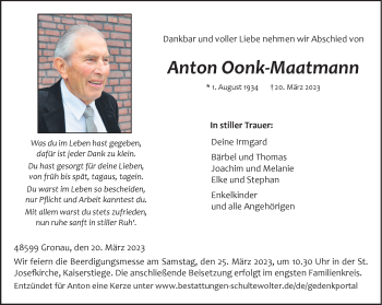 Anzeige von Anton Oonk-Maatmann 