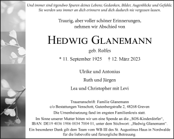 Anzeige von Hedwig Glanemann 
