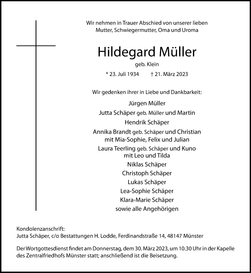  Traueranzeige für Hildegard Müller vom 25.03.2023 aus 