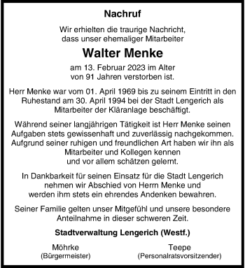 Anzeige von Walter Menke 
