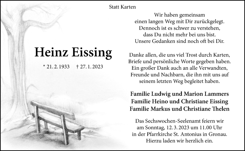  Traueranzeige für Heinz Eissing vom 11.03.2023 aus 