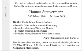 Anzeige von Hannes Stauvermann 