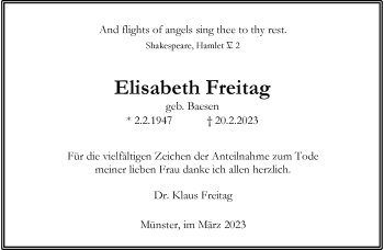 Anzeige von Elisabeth Freitag 