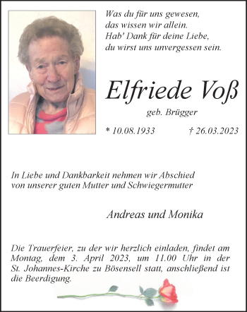 Anzeige von Elfriede Voß 