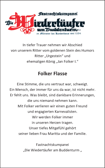 Anzeige von Folker Flasse 