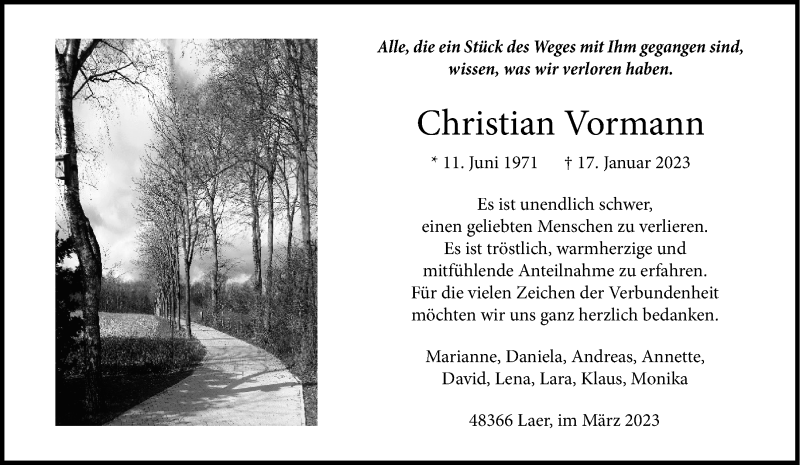  Traueranzeige für Christian Vormann vom 25.03.2023 aus 