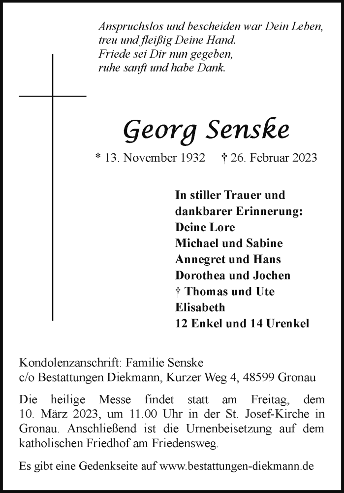  Traueranzeige für Georg Senske vom 04.03.2023 aus 