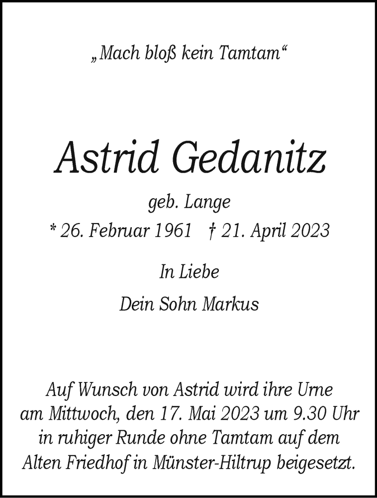  Traueranzeige für Astrid Gedanitz vom 29.04.2023 aus 
