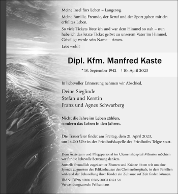 Anzeige von Manfred Kaste 