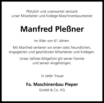 Anzeige von Manfred Pleßner 