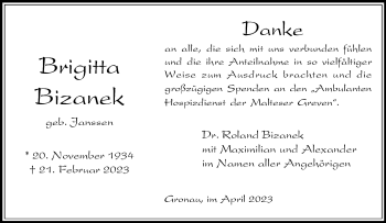Anzeige von Brigitta Bizanek 