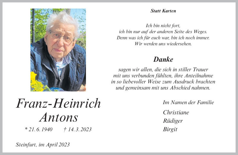  Traueranzeige für Franz-Heinrich Antons vom 22.04.2023 aus 