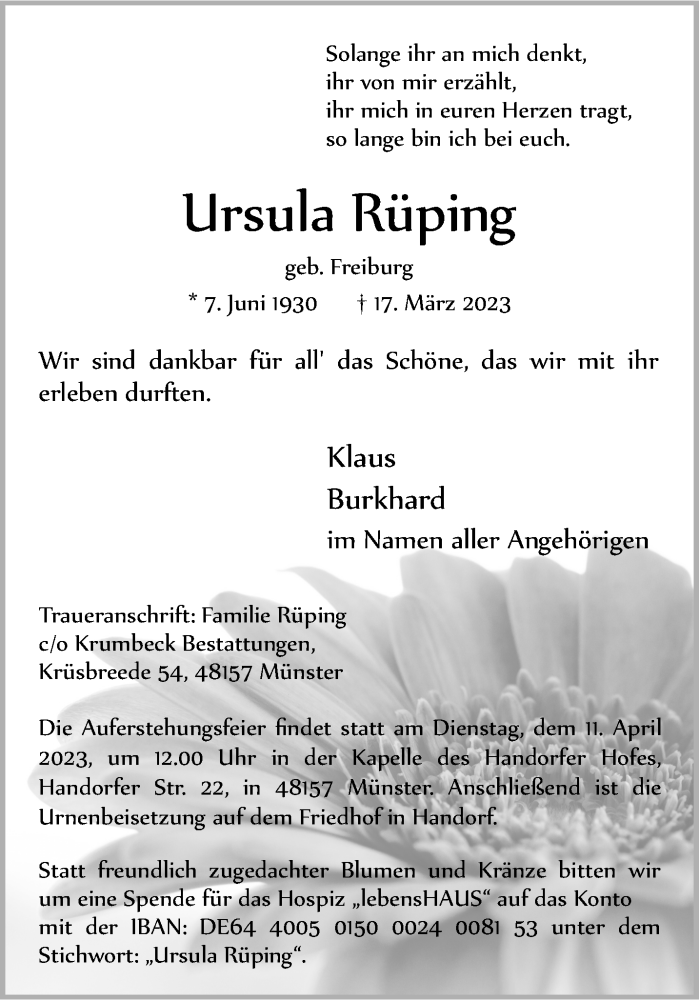  Traueranzeige für Ursula Rüping vom 01.04.2023 aus 