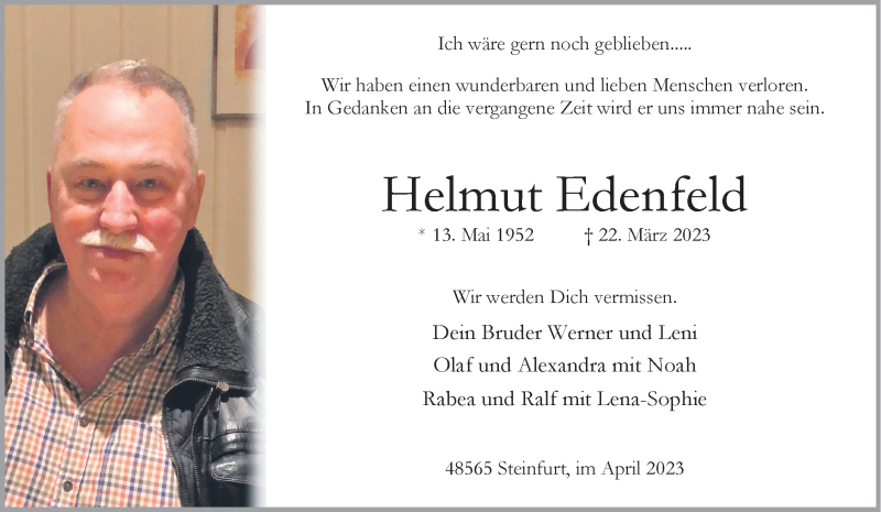 Traueranzeige für Helmut Edenfeld vom 01.04.2023 aus 