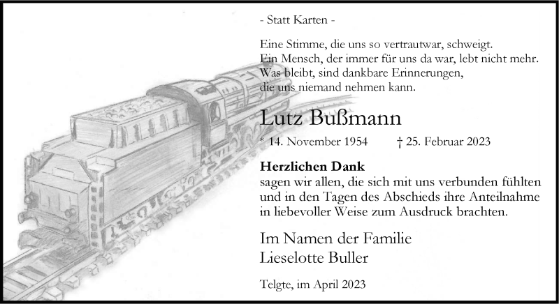  Traueranzeige für Lutz Bußmann vom 15.04.2023 aus 