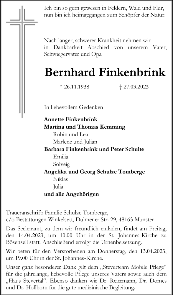  Traueranzeige für Bernhard Finkenbrink vom 07.04.2023 aus 