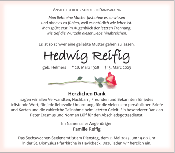 Anzeige von Hedwig Reifig 