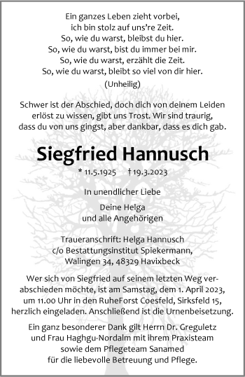 Anzeige von Siegfried Hannusch 