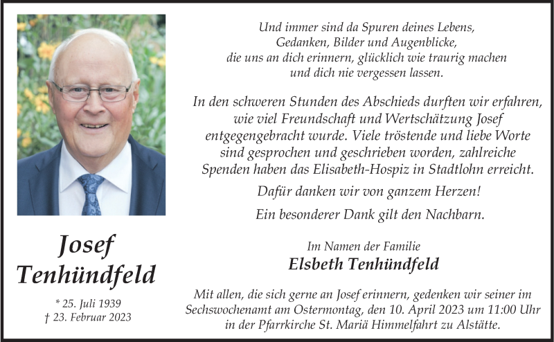  Traueranzeige für Josef Tenhündfeld vom 05.04.2023 aus 