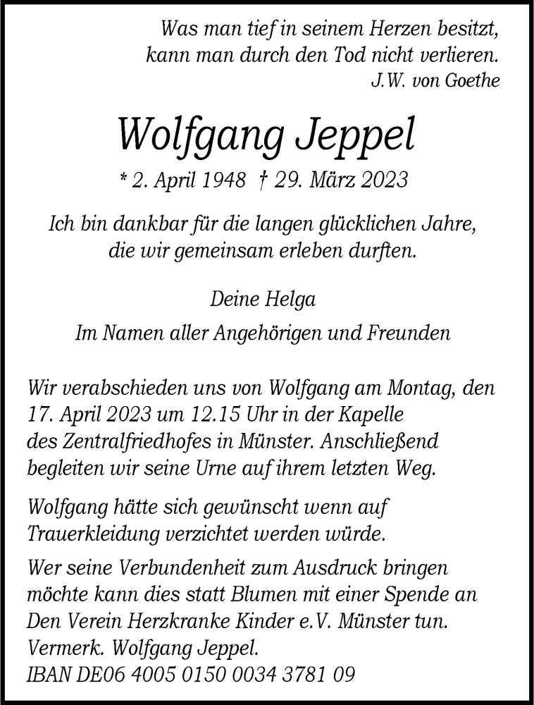  Traueranzeige für Wolfgang Jeppel vom 07.04.2023 aus 