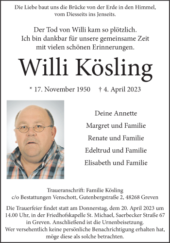 Anzeige von Willi Kösling 