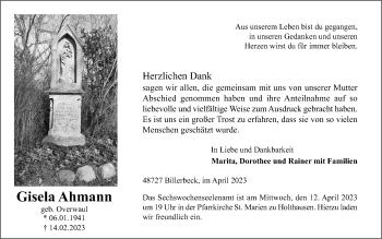Anzeige von Gisela Ahmann 
