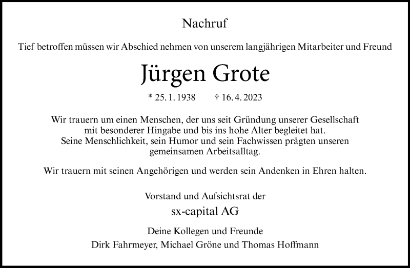  Traueranzeige für Jürgen Grote vom 29.04.2023 aus 