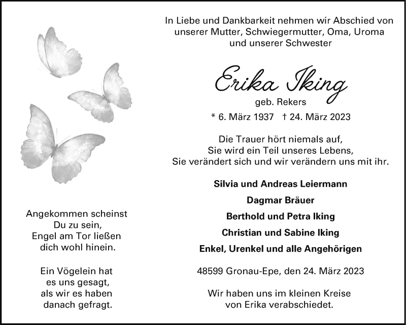 Traueranzeige für Erika Iking vom 05.04.2023 aus 