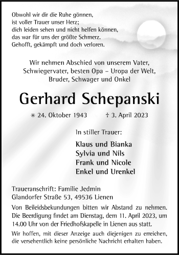 Anzeige von Gerhard Schepanski 