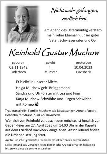 Anzeige von Reinhold Gustav Muchow 