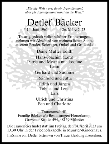 Anzeige von Detlef Bäcker 