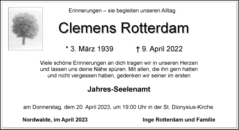  Traueranzeige für Clemens Rotterdam vom 15.04.2023 aus 