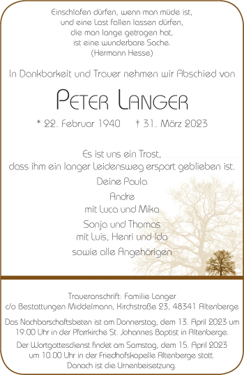 Anzeige von Peter Langer 