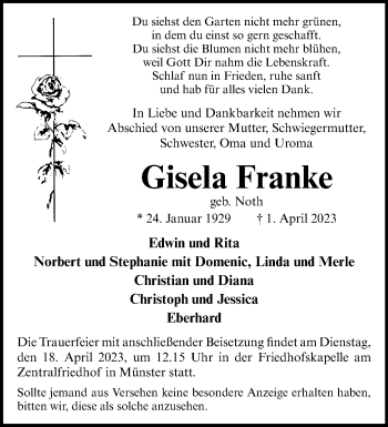 Anzeige von Gisela Franke 